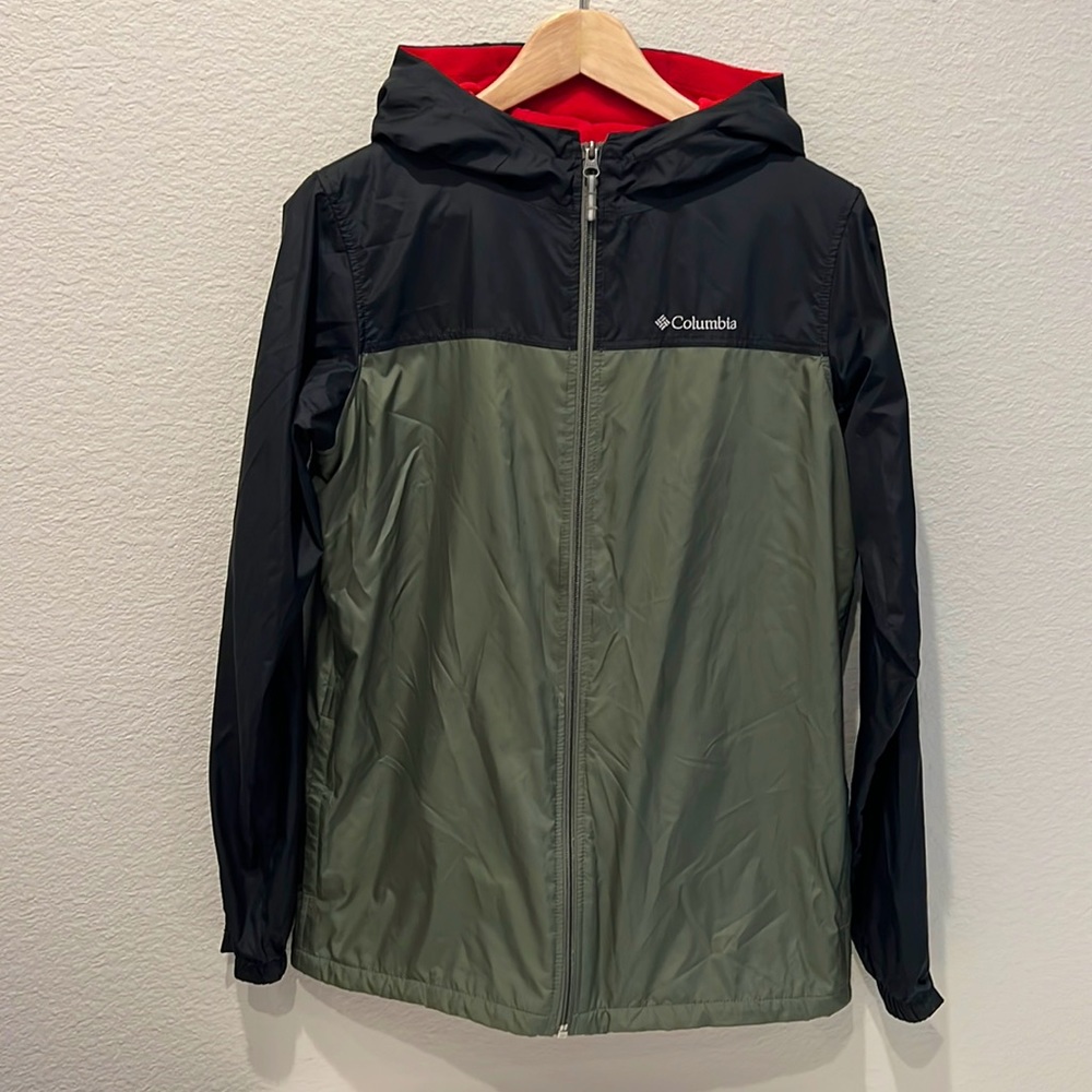 Columbia Boys Fleece Lined Windbreaker Jacket XL 18/20 Black Olive Hooded